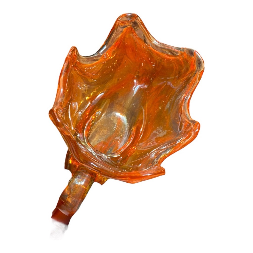 Vintage MCM Orange Art Glass Dish Scalloped Snail Tail Handle Murano Style